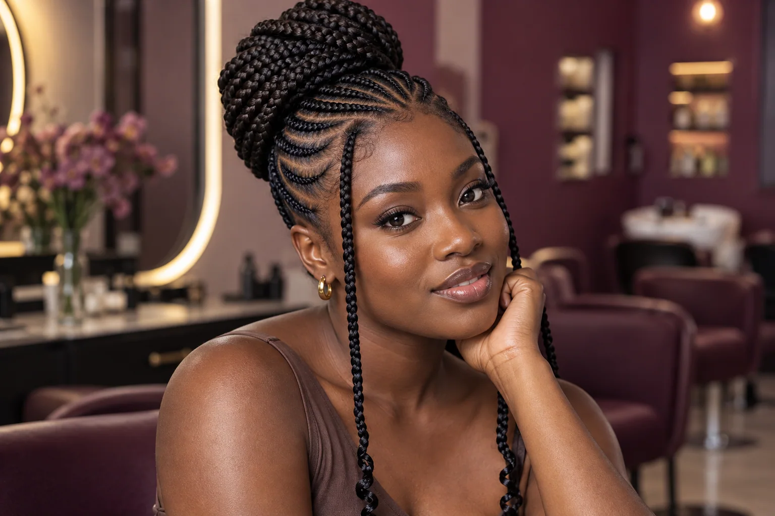 Illustrative editorial portrait of an adult Ghanaian woman with beautifully styled braids
