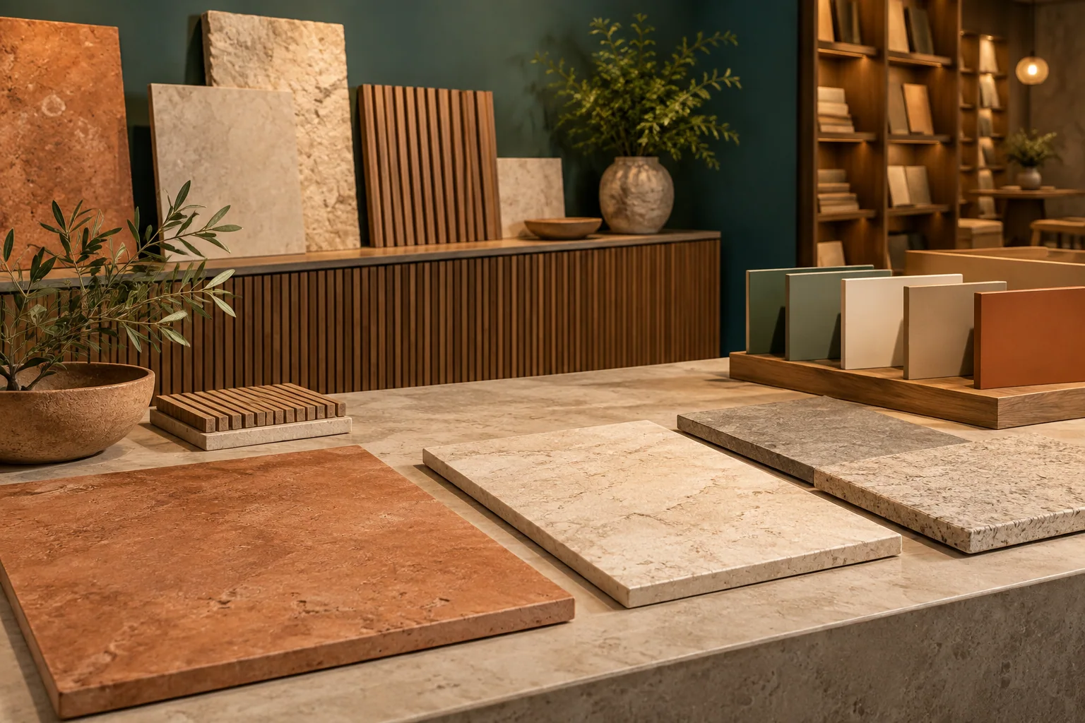 Illustrative architectural showroom with stone tiles, timber slats and a teal wall